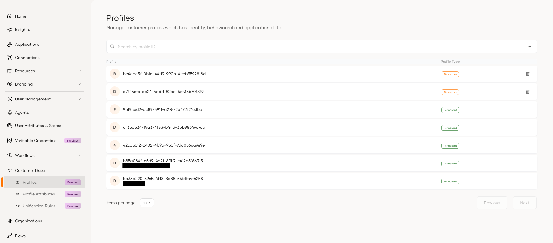 Two temporary profiles in the profile list
