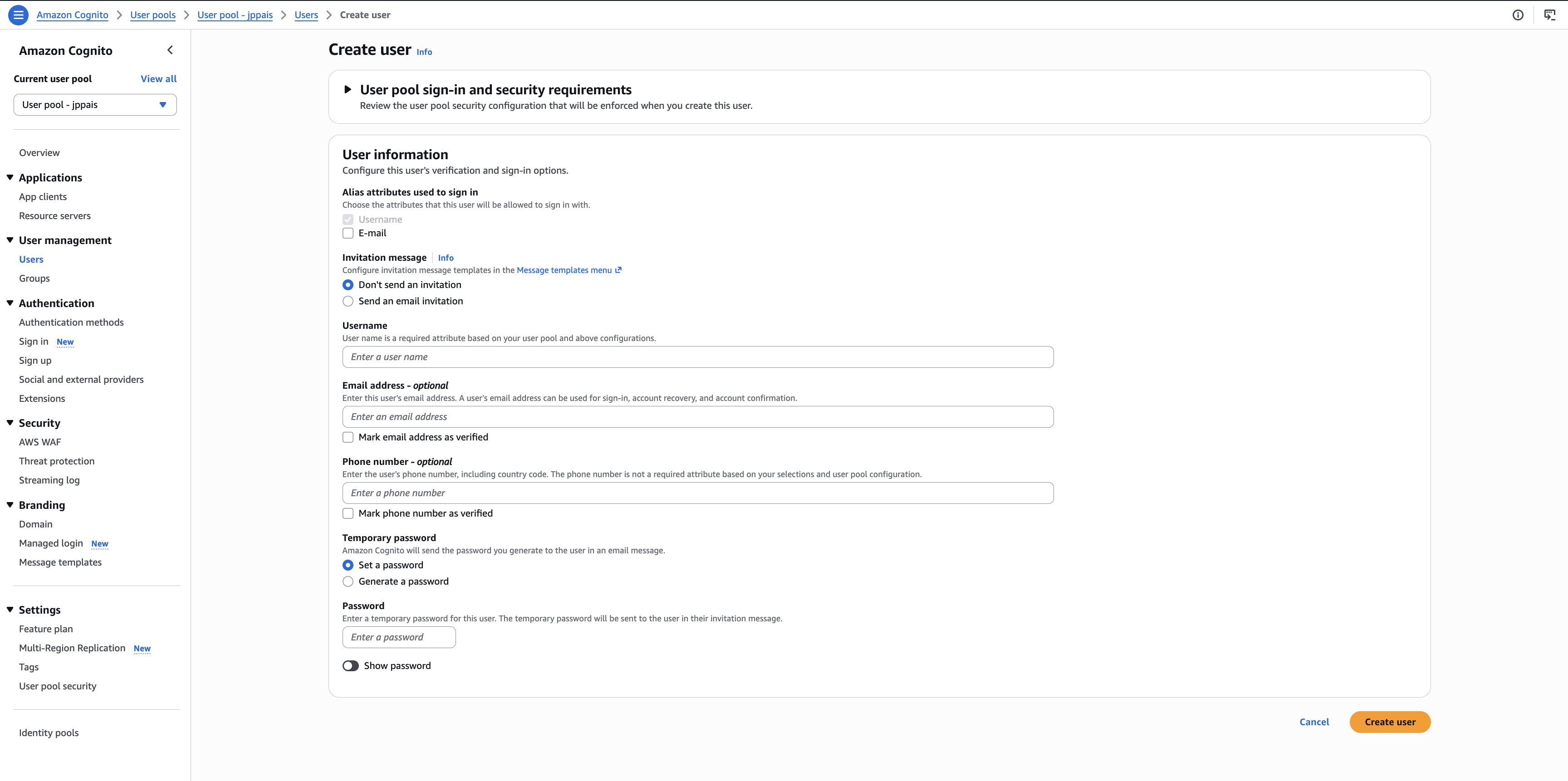 Create user in Cognito