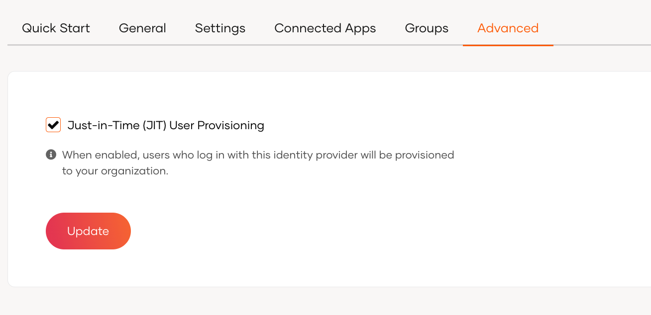 JIT user provisioning configuration is enabled