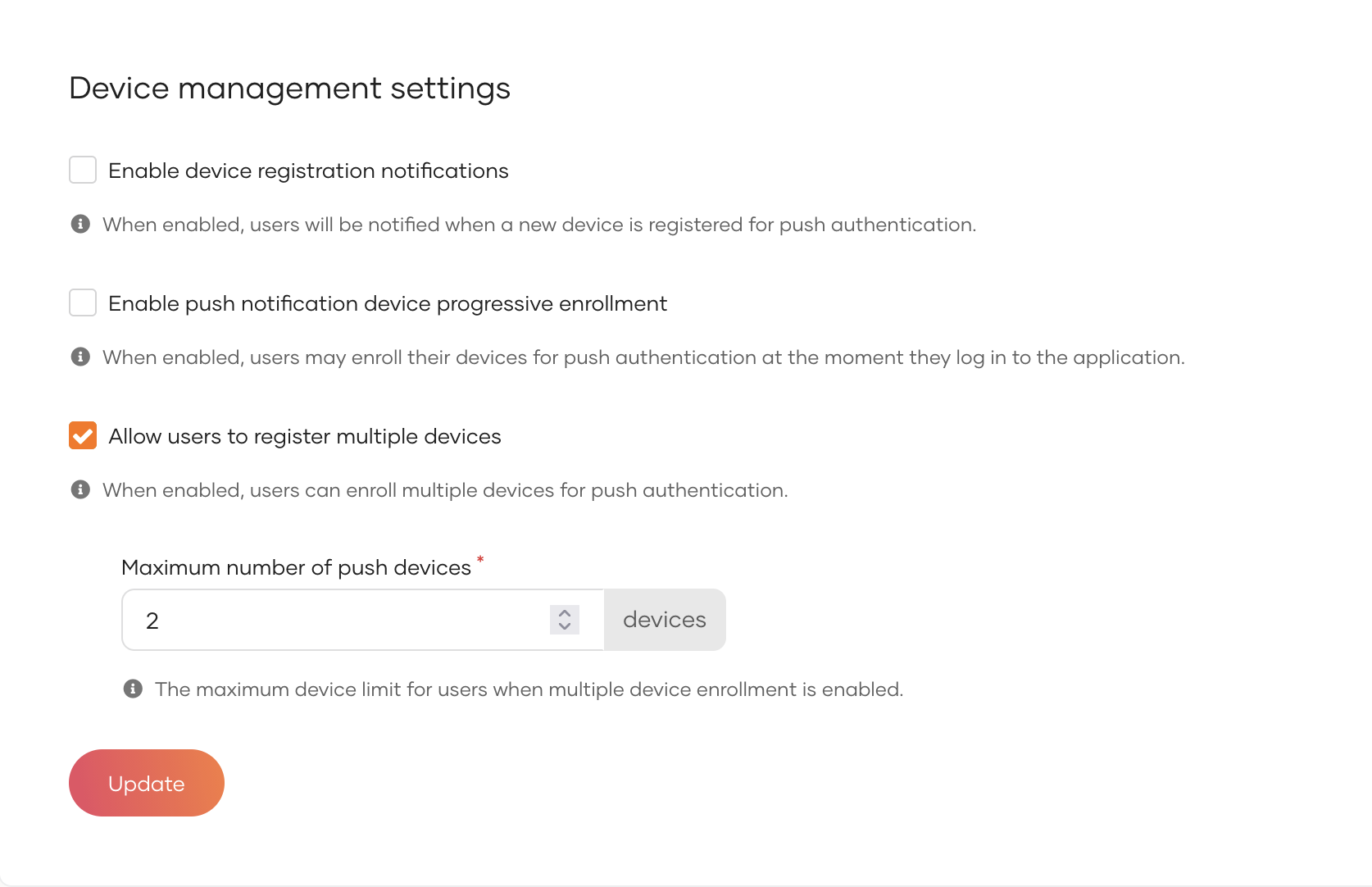 Device management settings of the Push Notification connection in WSO2 Identity Platform