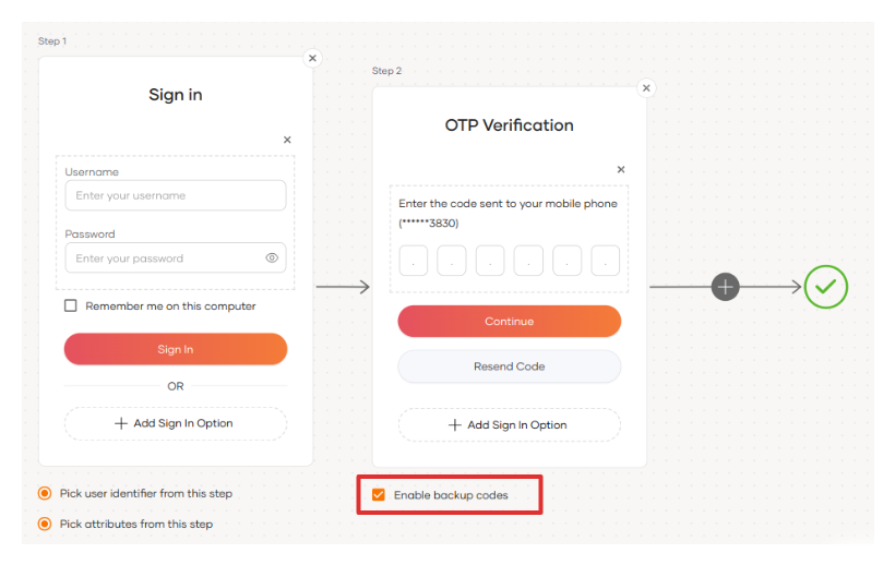 Enable backup codes for sms otp authenticator using the visual editor