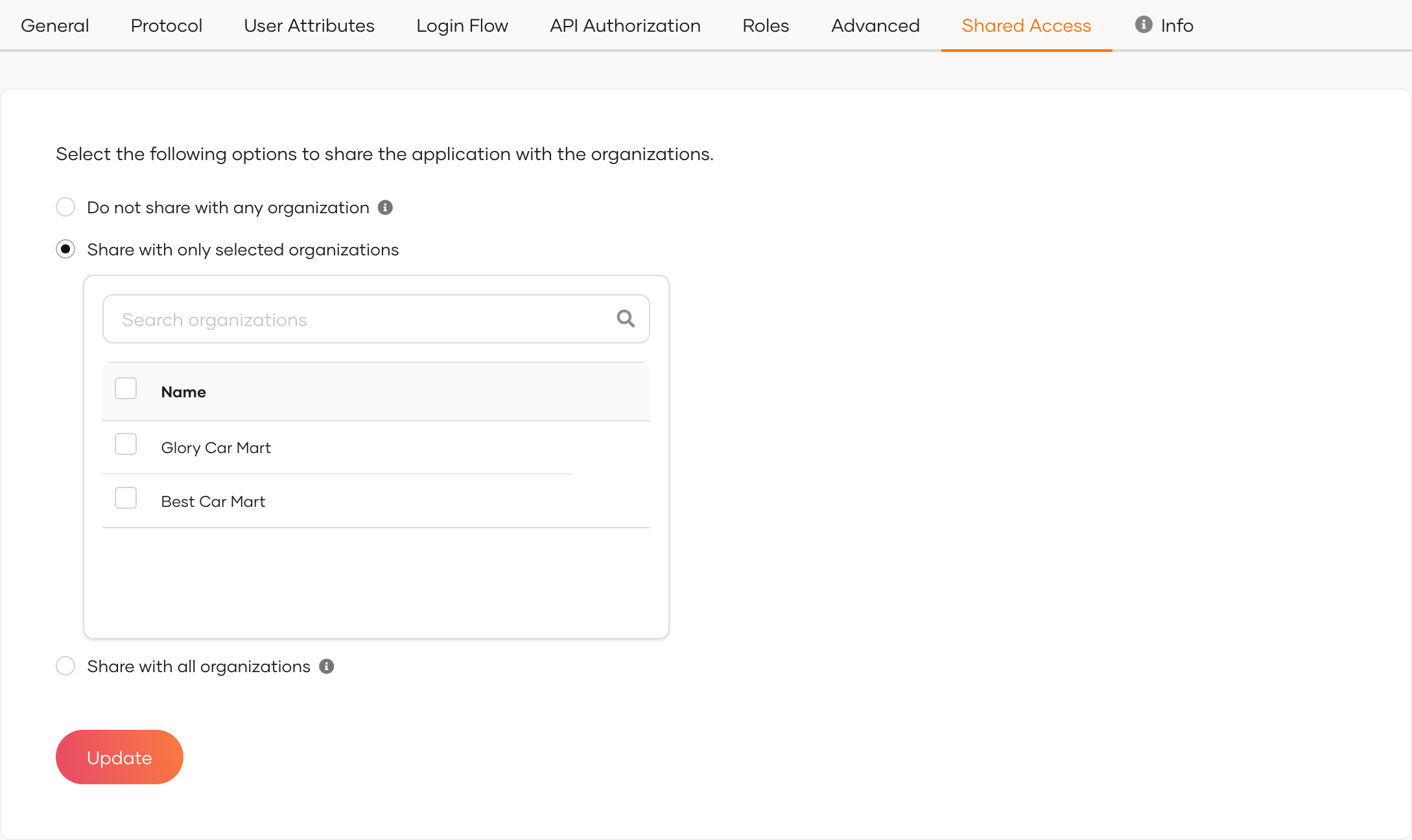 Share application with organizations