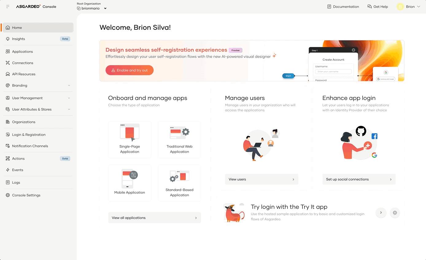 Enable self-register flow builder from Home