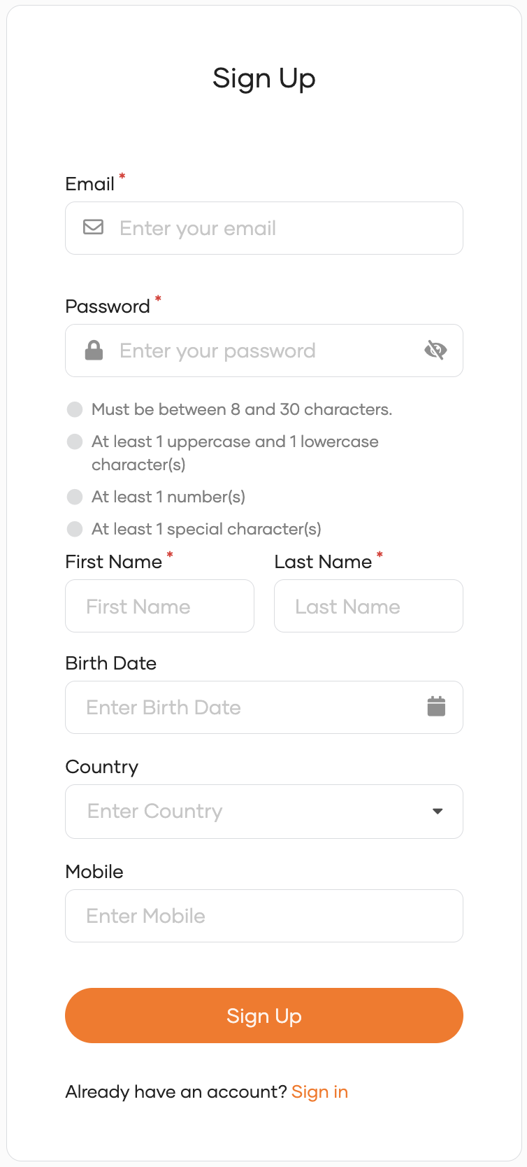 Self registration form