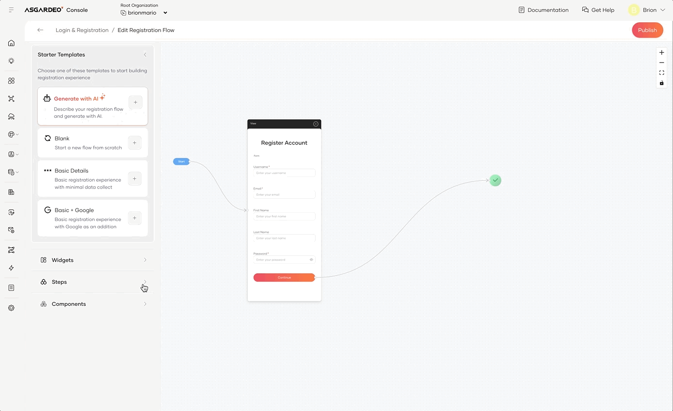 Self-register flow builder steps