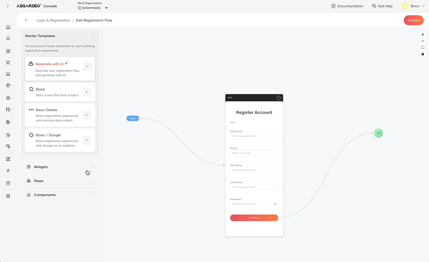 Self-register flow builder widgets