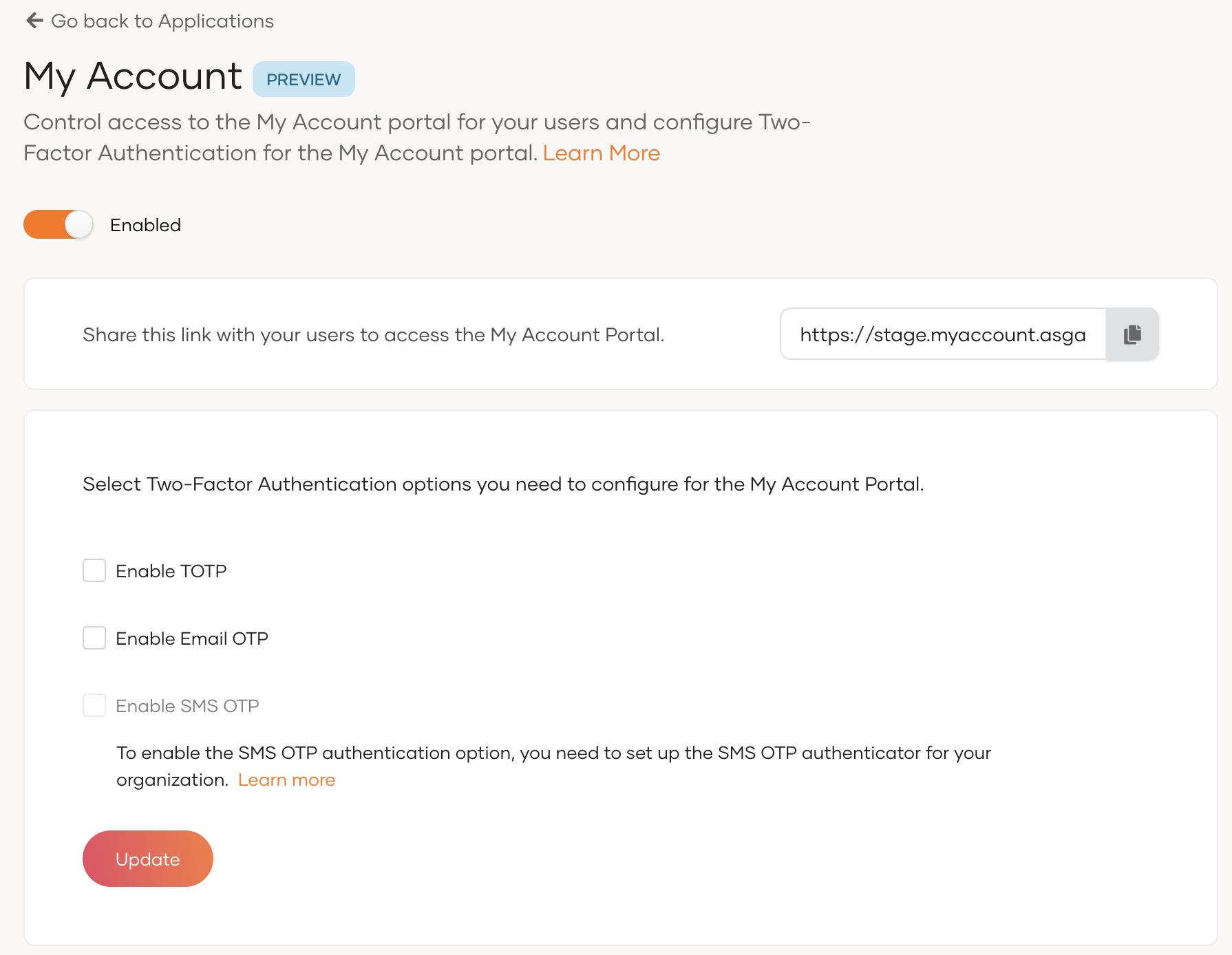 Configure 2FA options for My Account portal