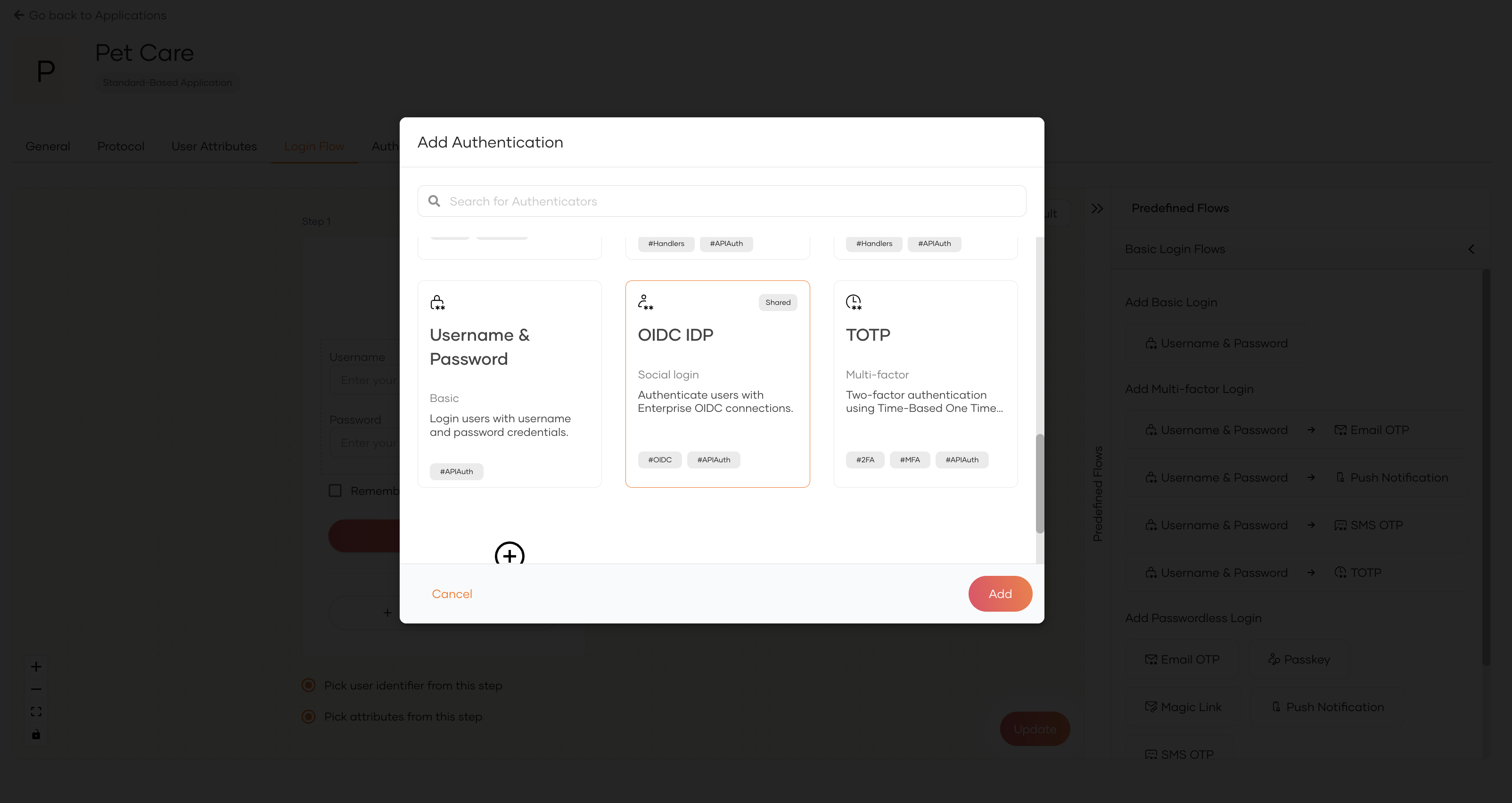 Add the shared identity provider to the login flow of an application