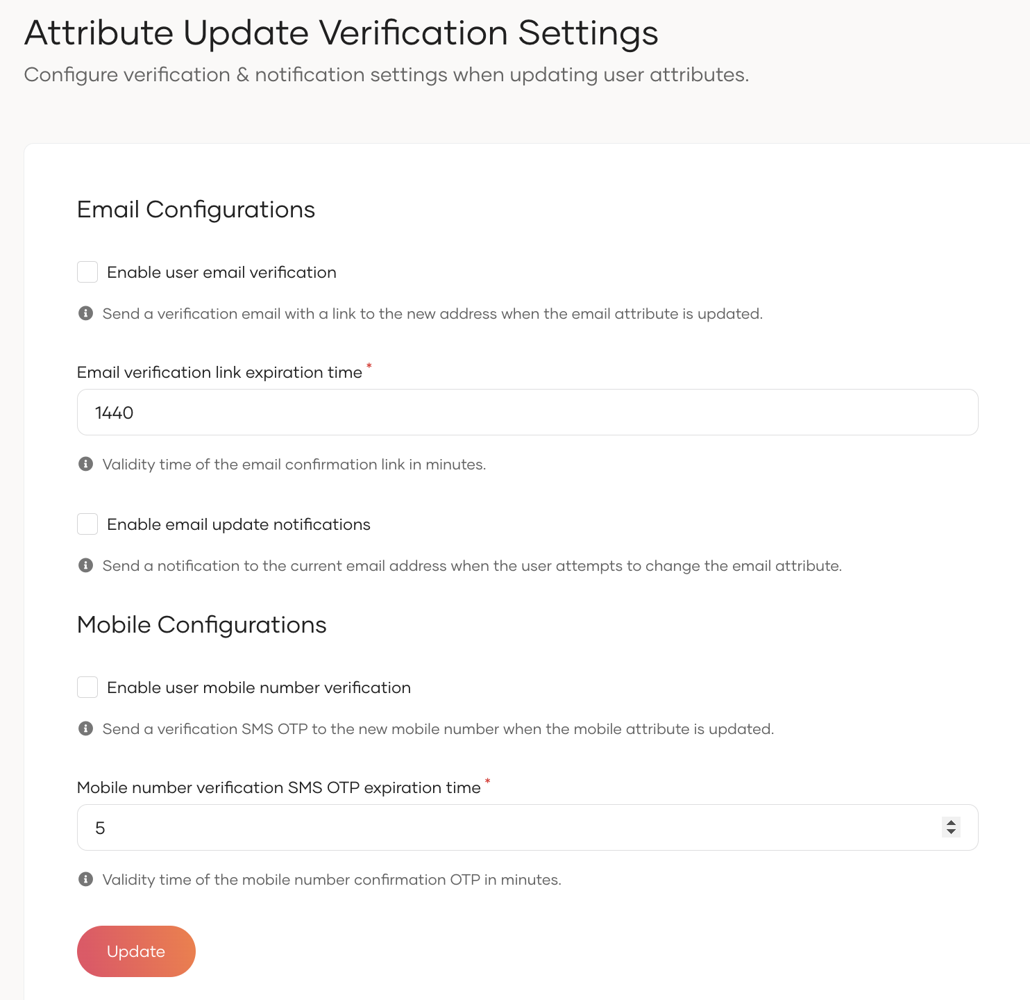 User attributes change verification settings