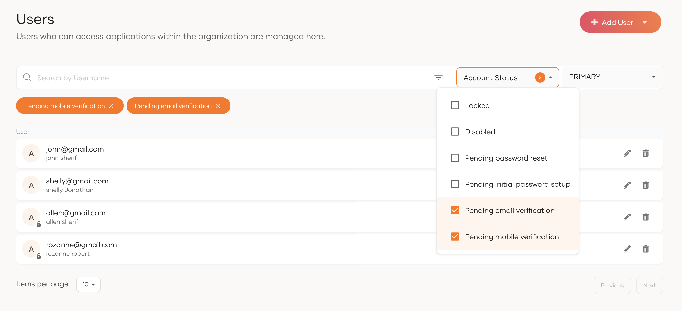 Filter users by account status