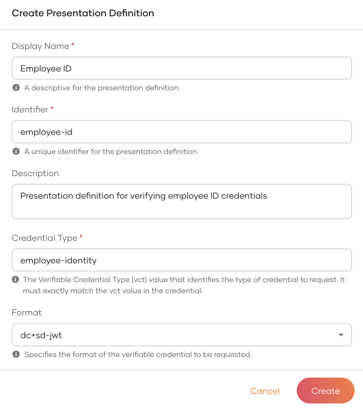 Create Presentation Definition dialog filled in for Employee ID
