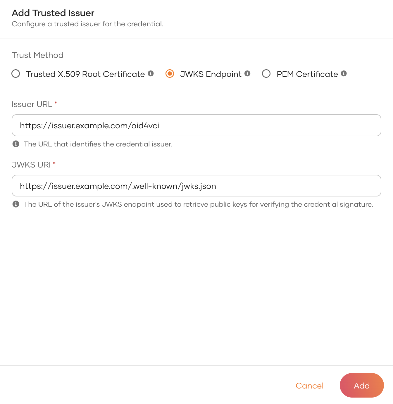 Add Trusted Issuer dialog