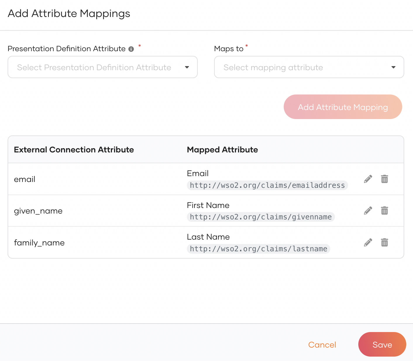 Credential Attribute Mappings showing all three mapped claims