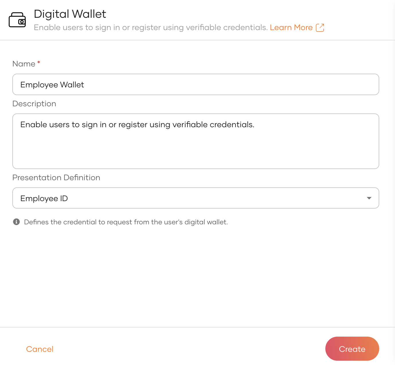 Digital Wallet connection details filled in for Employee Wallet