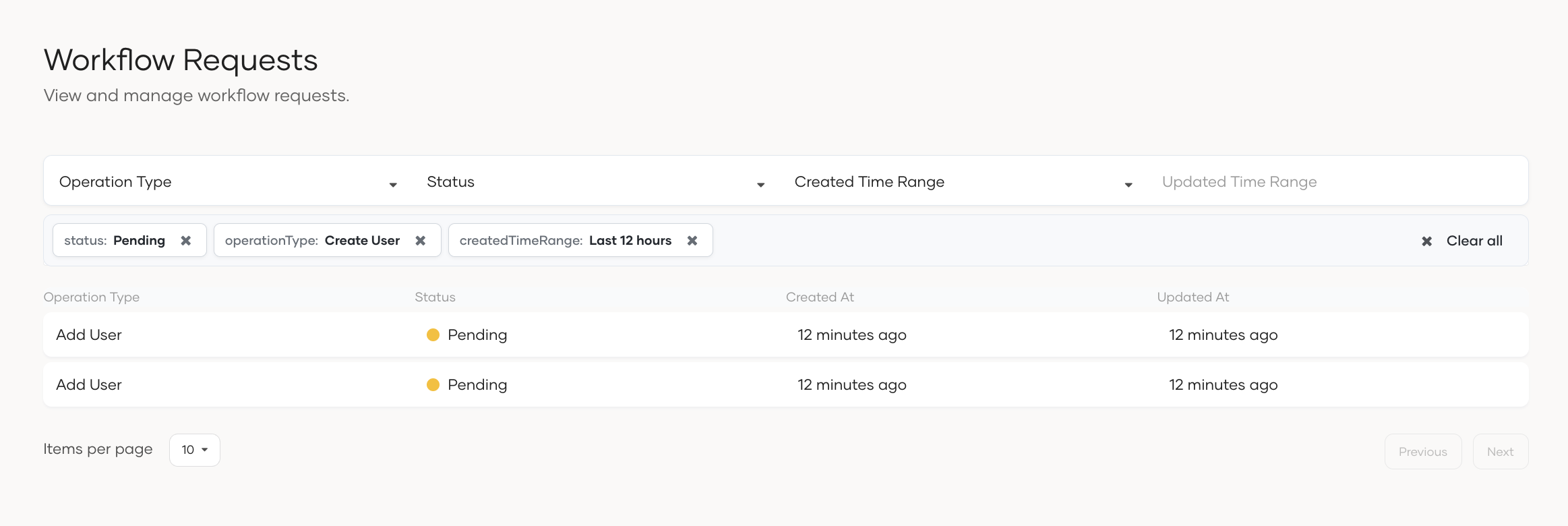 Filter workflow requests by operation, status, and created/updated time range