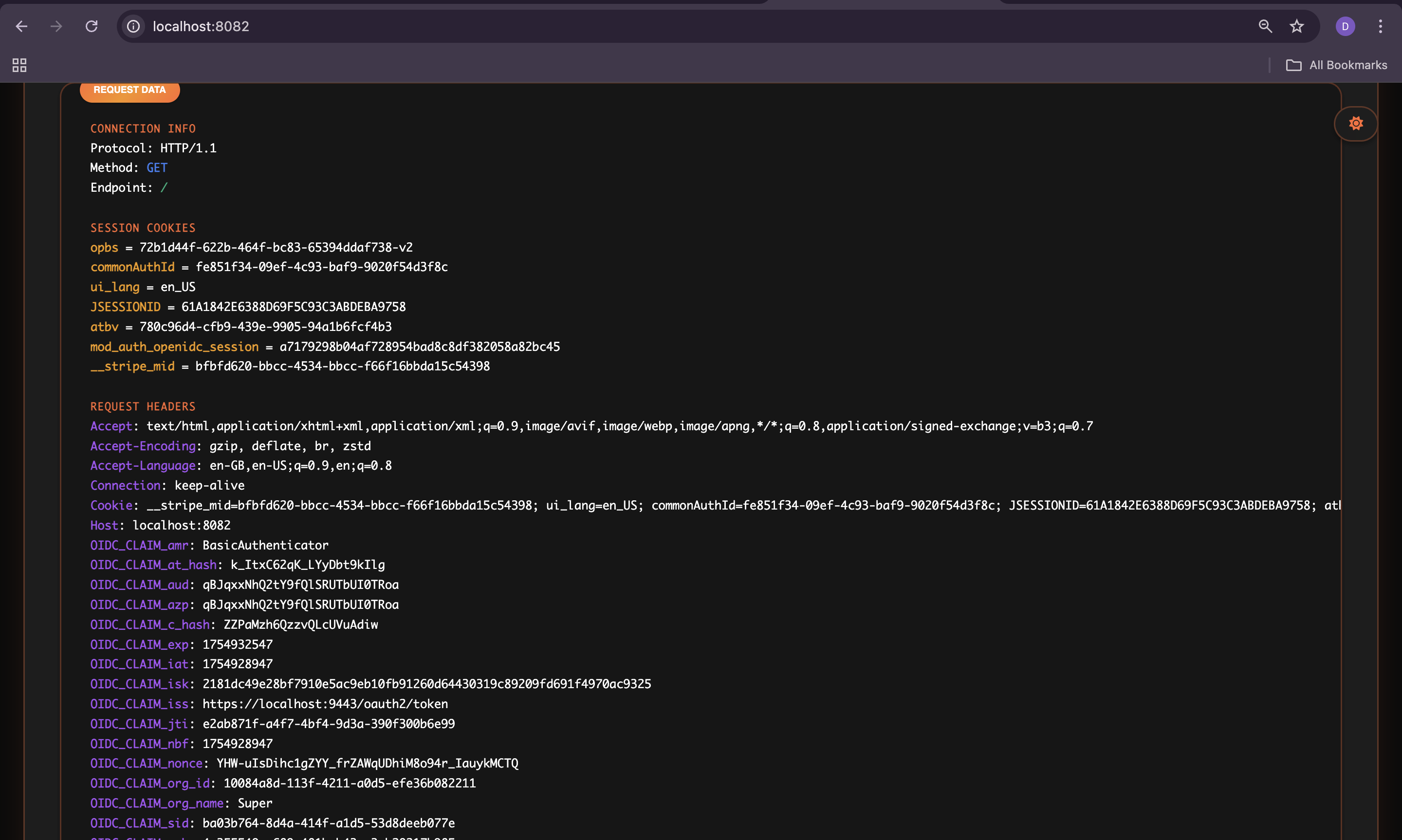 Mod Auth OpenIDC logged in showing successful authentication and user information