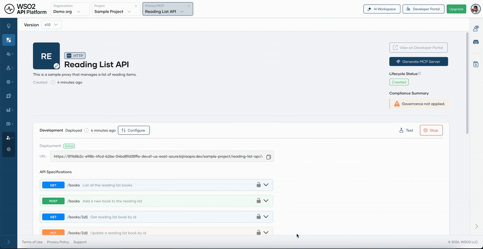 Deploy page showing Production card with Deployment Status as Active after API proxy promotion