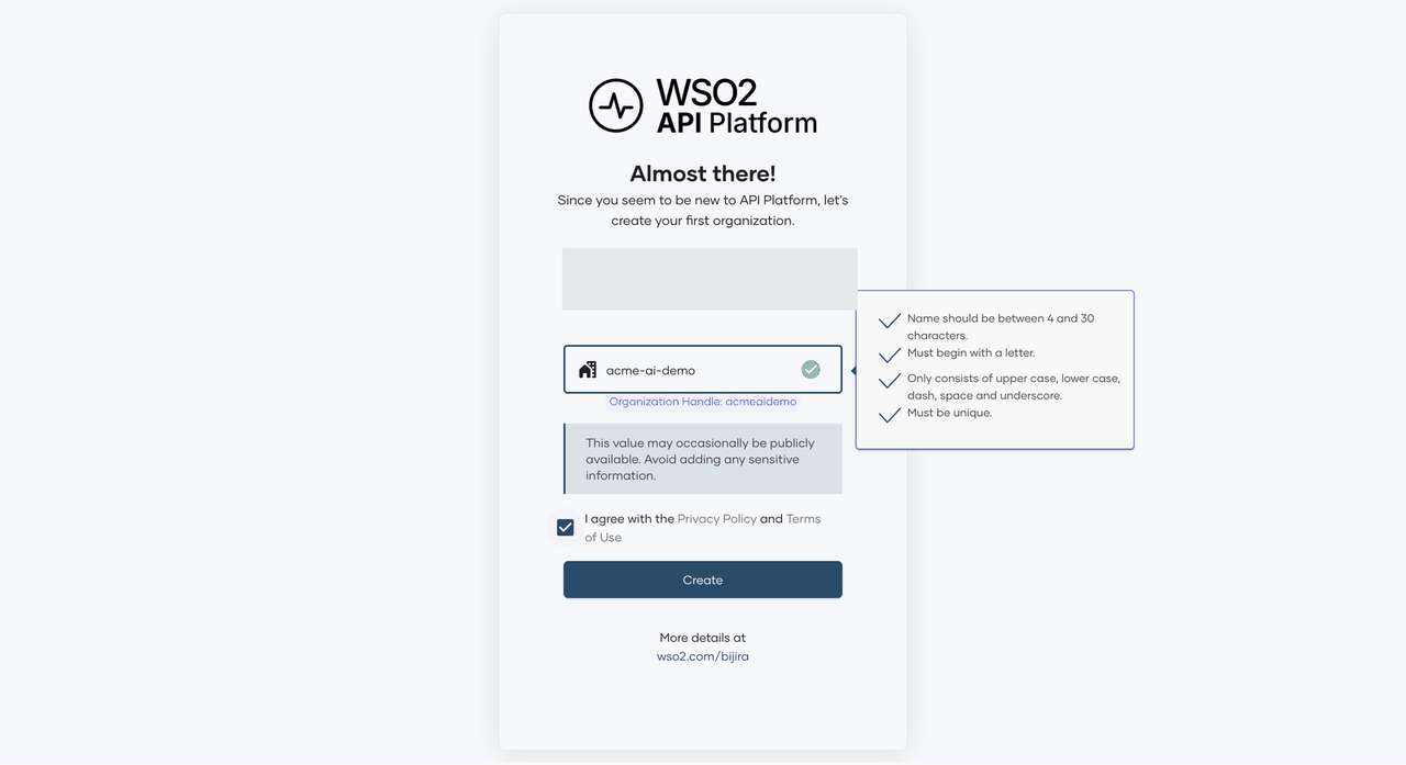 Console screen for creating your first organization, with a name field and an agree checkbox