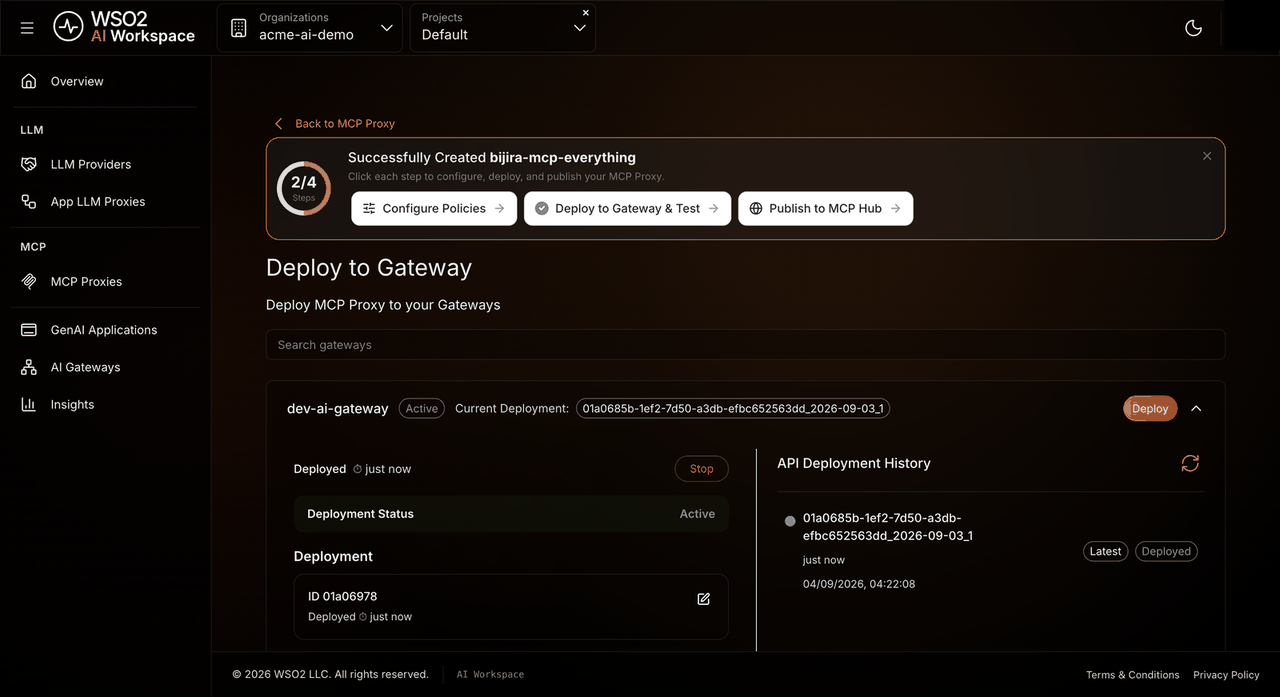MCP proxy Deploy to Gateway page with the deployment status Active