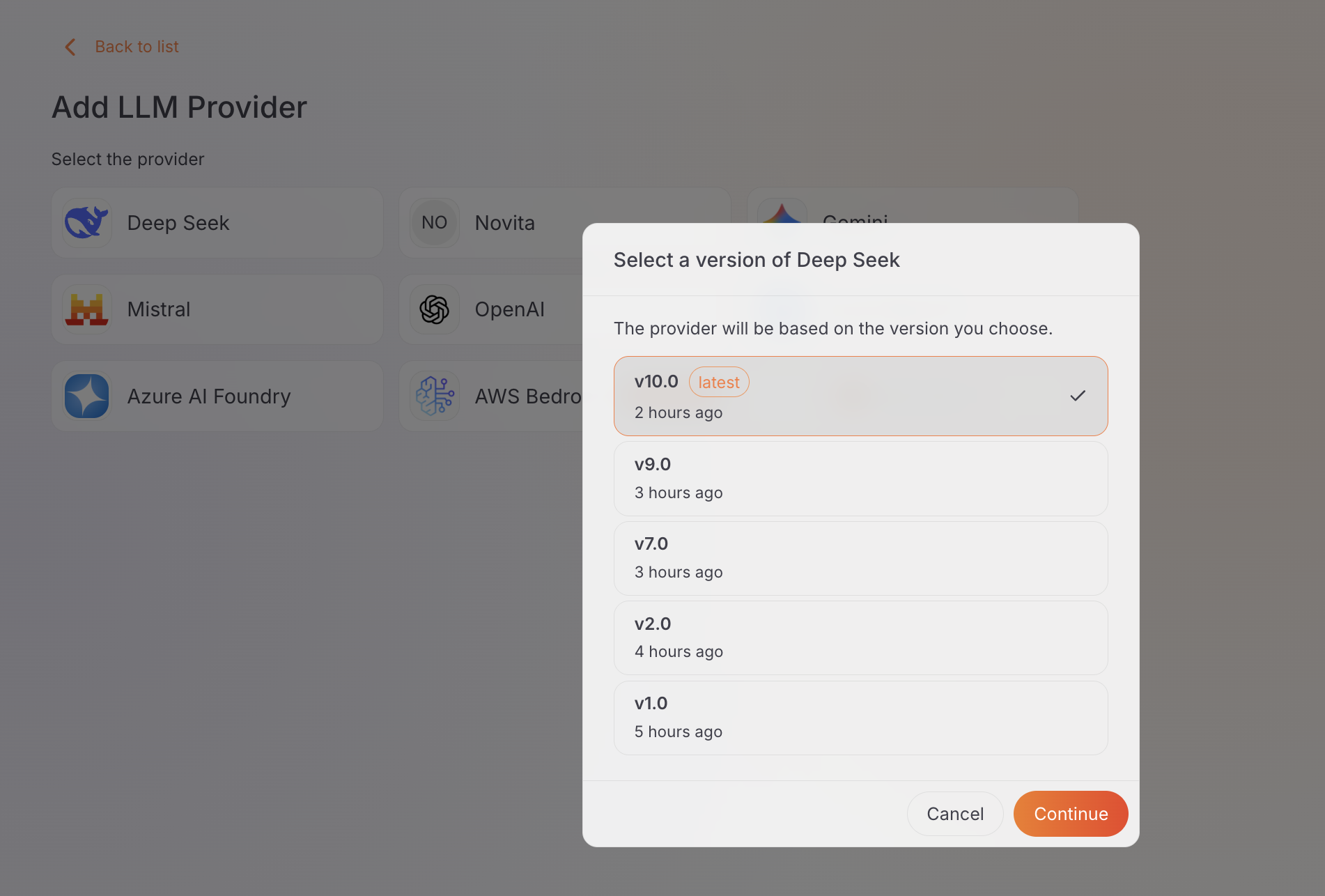 Version selection step with available template versions and the Continue button