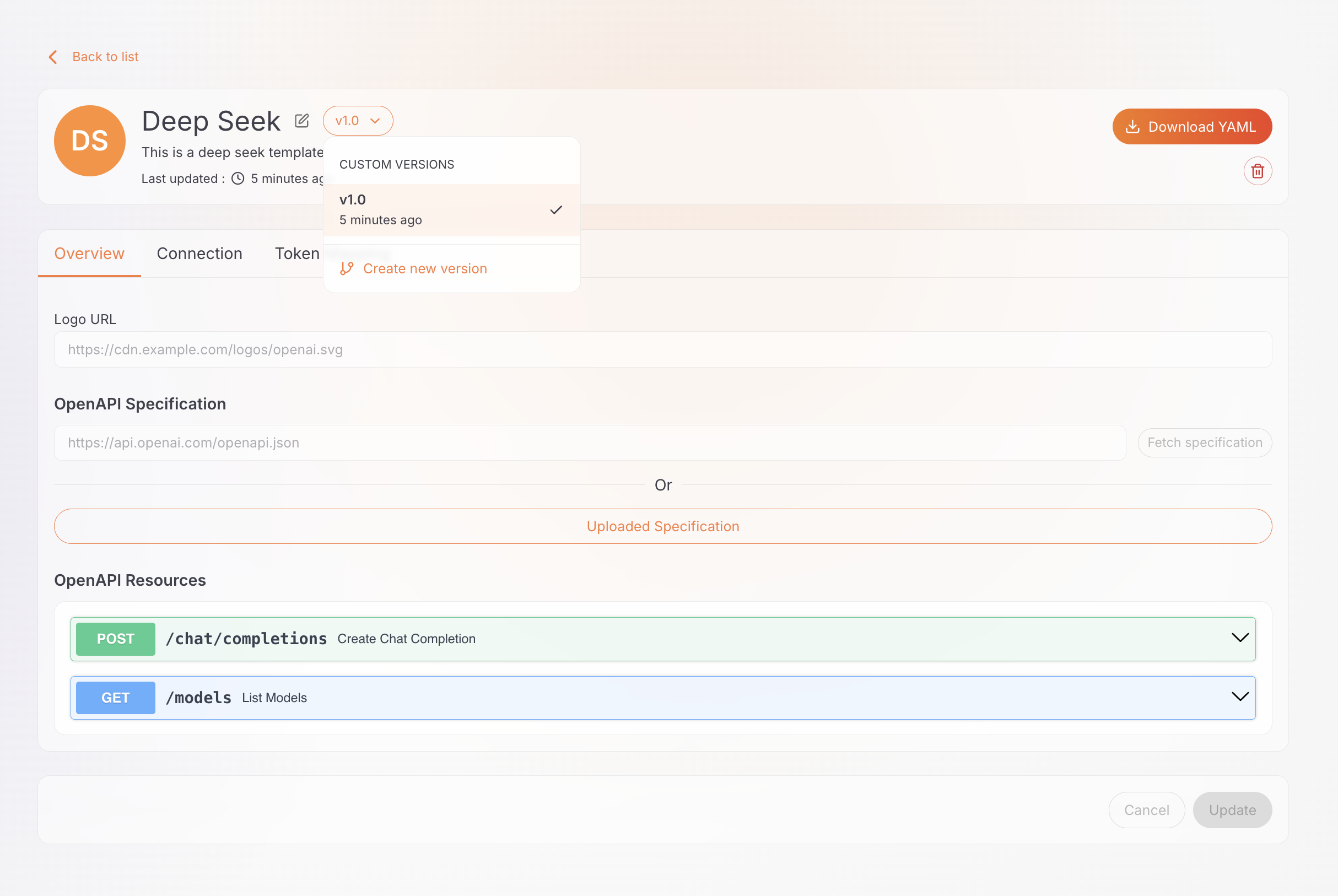 Template details page showing the version selector and configuration tabs