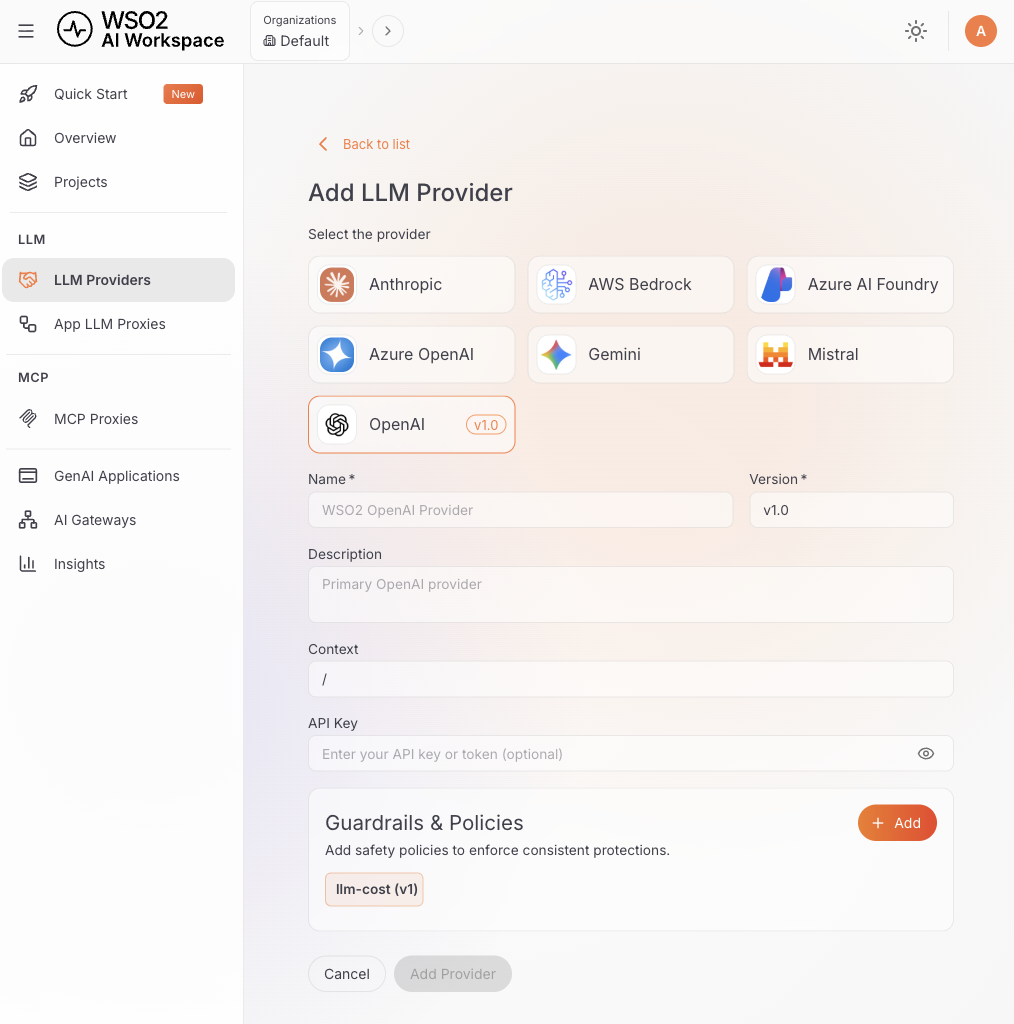 Add LLM Service Provider form with OpenAI selected, showing Name, Version, Description, Context, API Key, and Guardrails fields