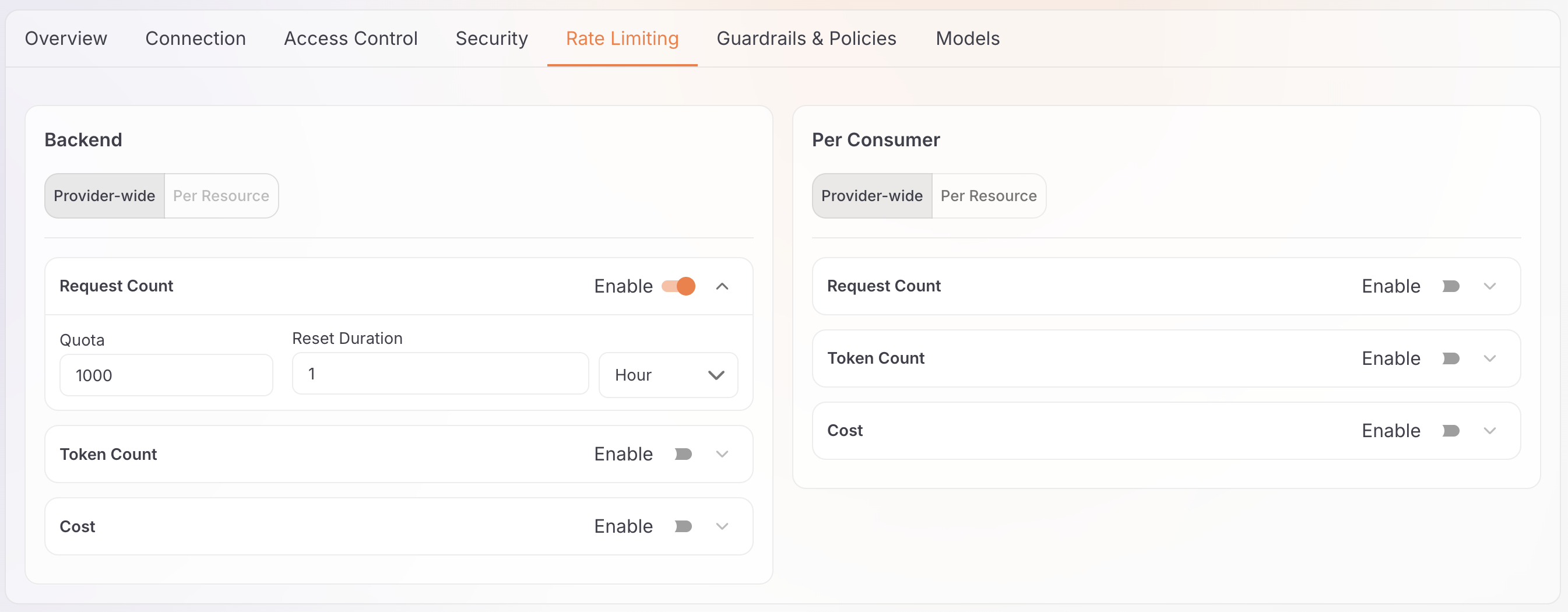 Rate Limiting tab showing Provider-wide and Per Resource configuration modes in the Backend section