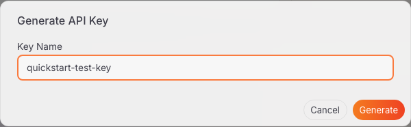 Generate API Key dialog with a Key Name field, and Cancel and Generate buttons