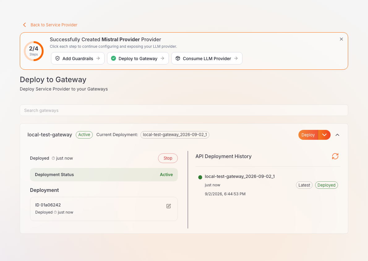 Deploy to Gateway page showing the deployment status as Active, with a deployment history entry