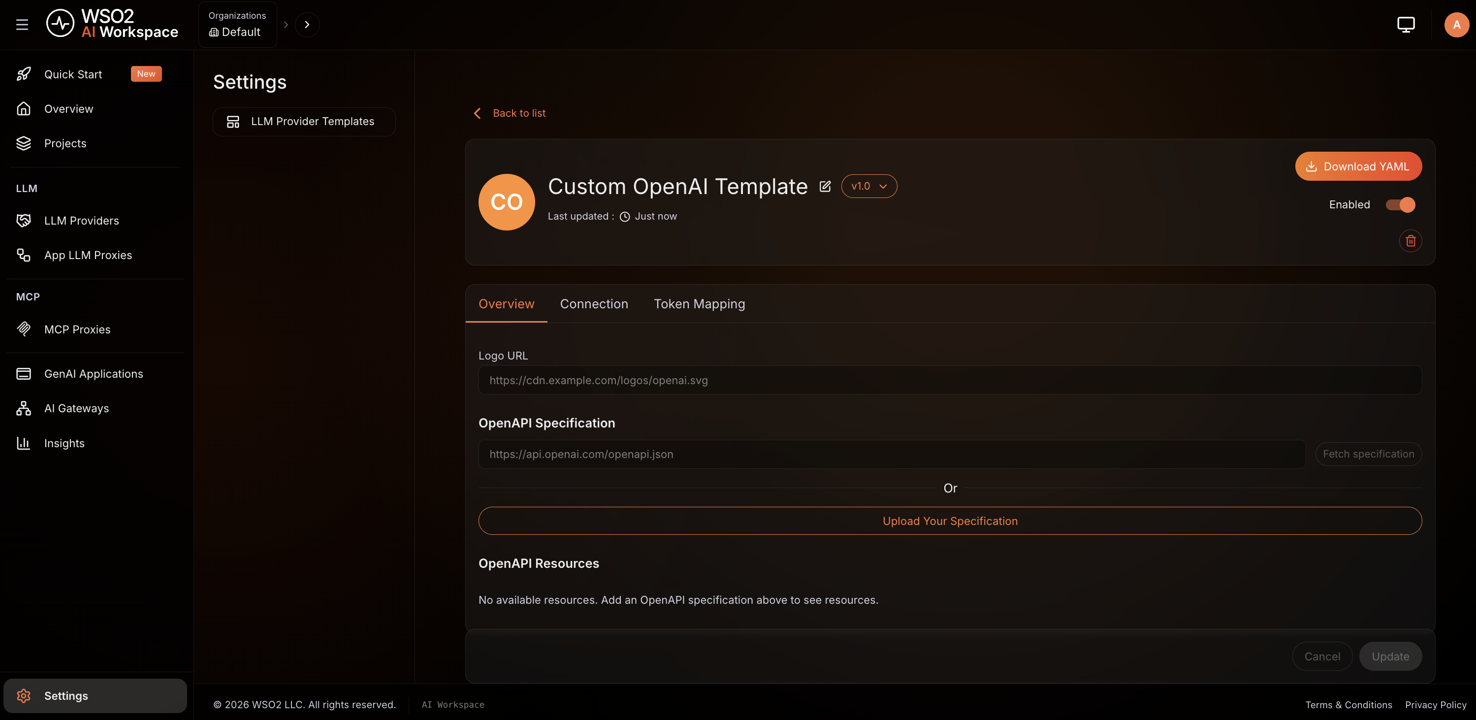 LLM Provider Template synced from the gateway to the AI Workspace