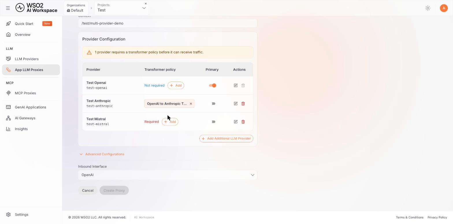 Create App LLM Proxy page with Advanced Configurations expanded, showing the Inbound Interface dropdown set to OpenAI below the provider table