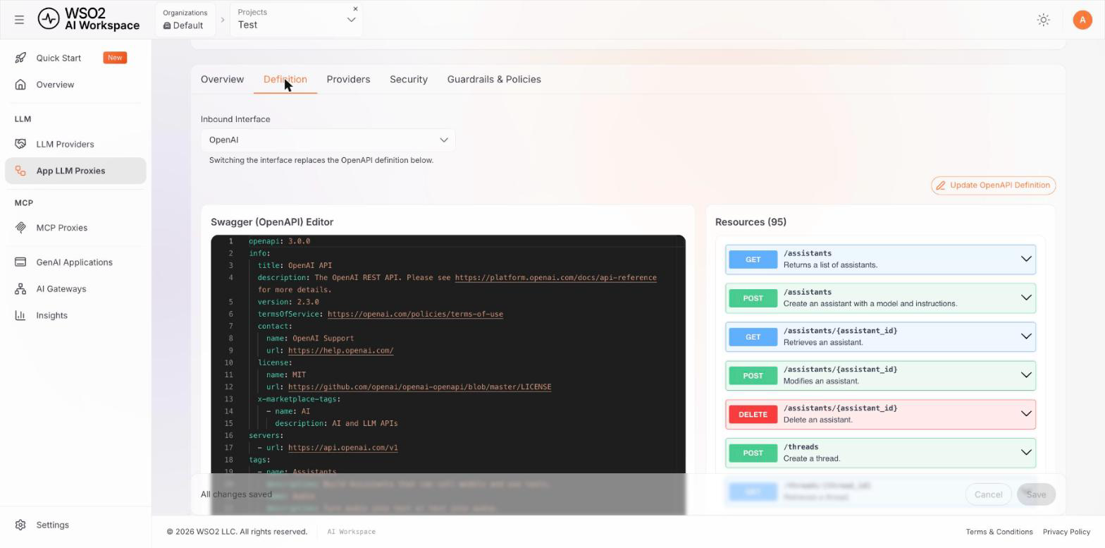 Definition tab showing the Inbound Interface dropdown above the Swagger editor, with the note that switching the interface replaces the OpenAPI definition