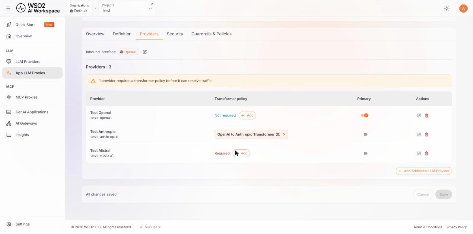 Providers tab of a created proxy, listing three providers with their IDs, transformer policies and primary toggle
