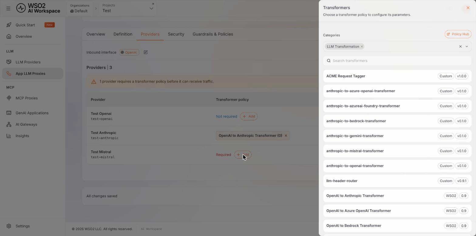 Transformers panel filtered to the LLM Transformation category, listing custom and WSO2 transformer policies with their versions