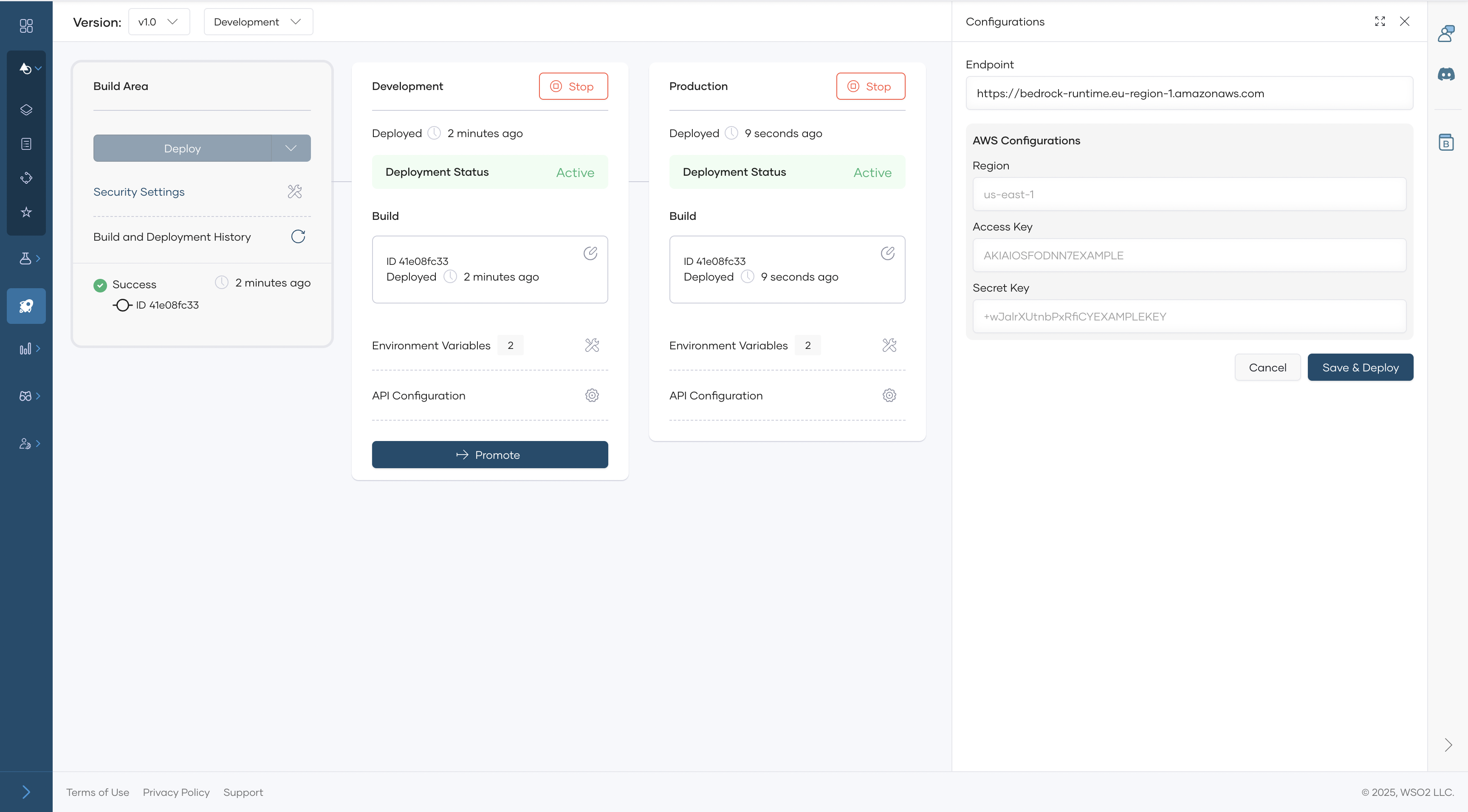 Deploy page with Development and Production Active, and Configurations panel showing AWS Region, Access Key, and Secret Key fields