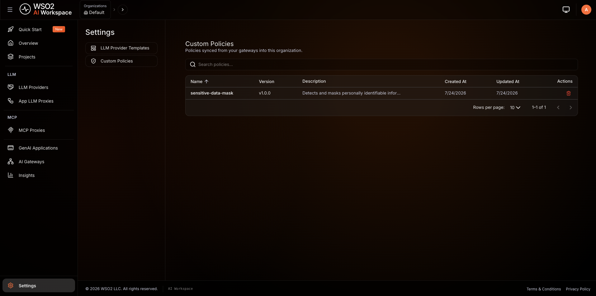 Settings > Custom Policies page listing the synced sensitive-data-mask policy with its version, description, and timestamps