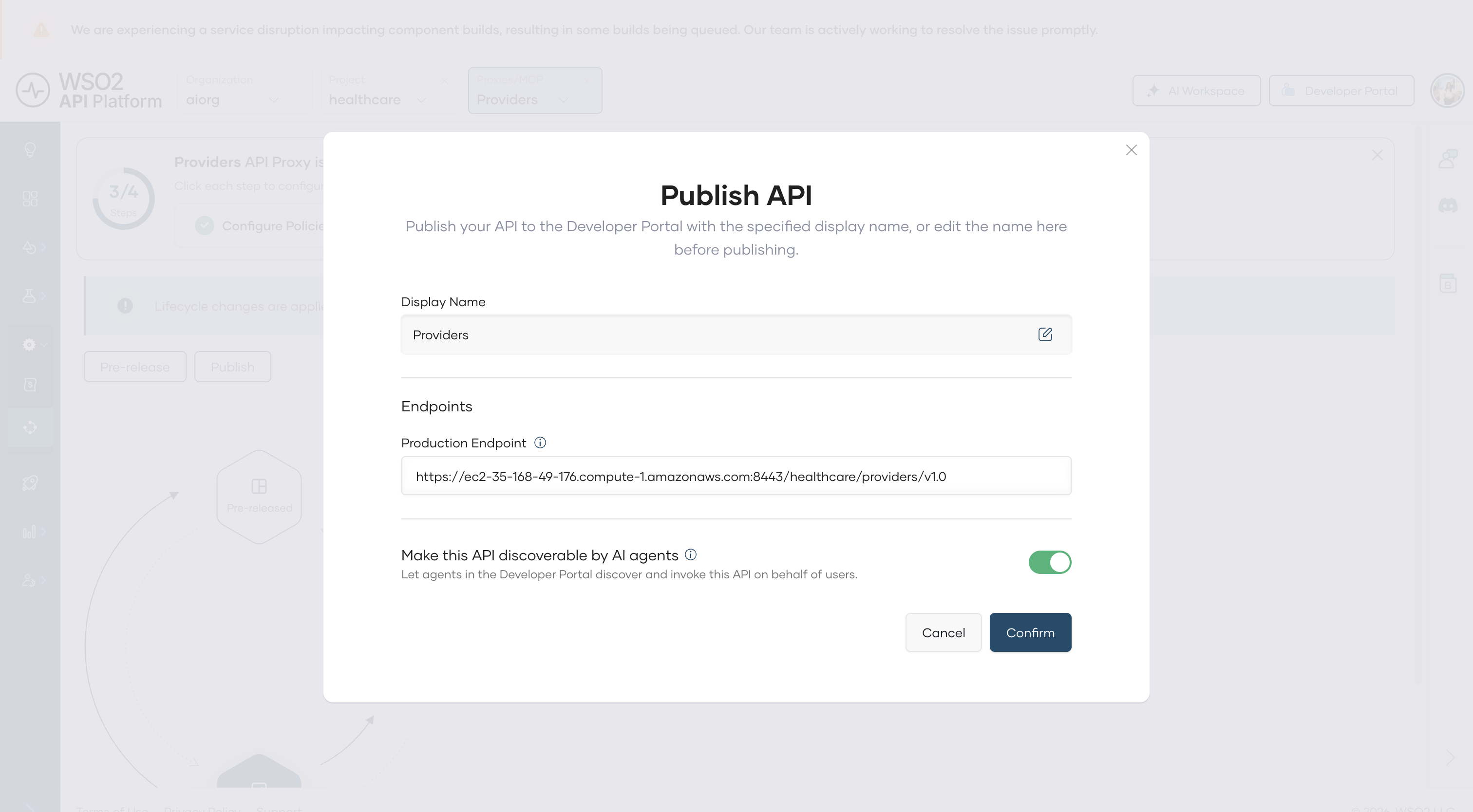 Publish dialog showing the Agent Visibility