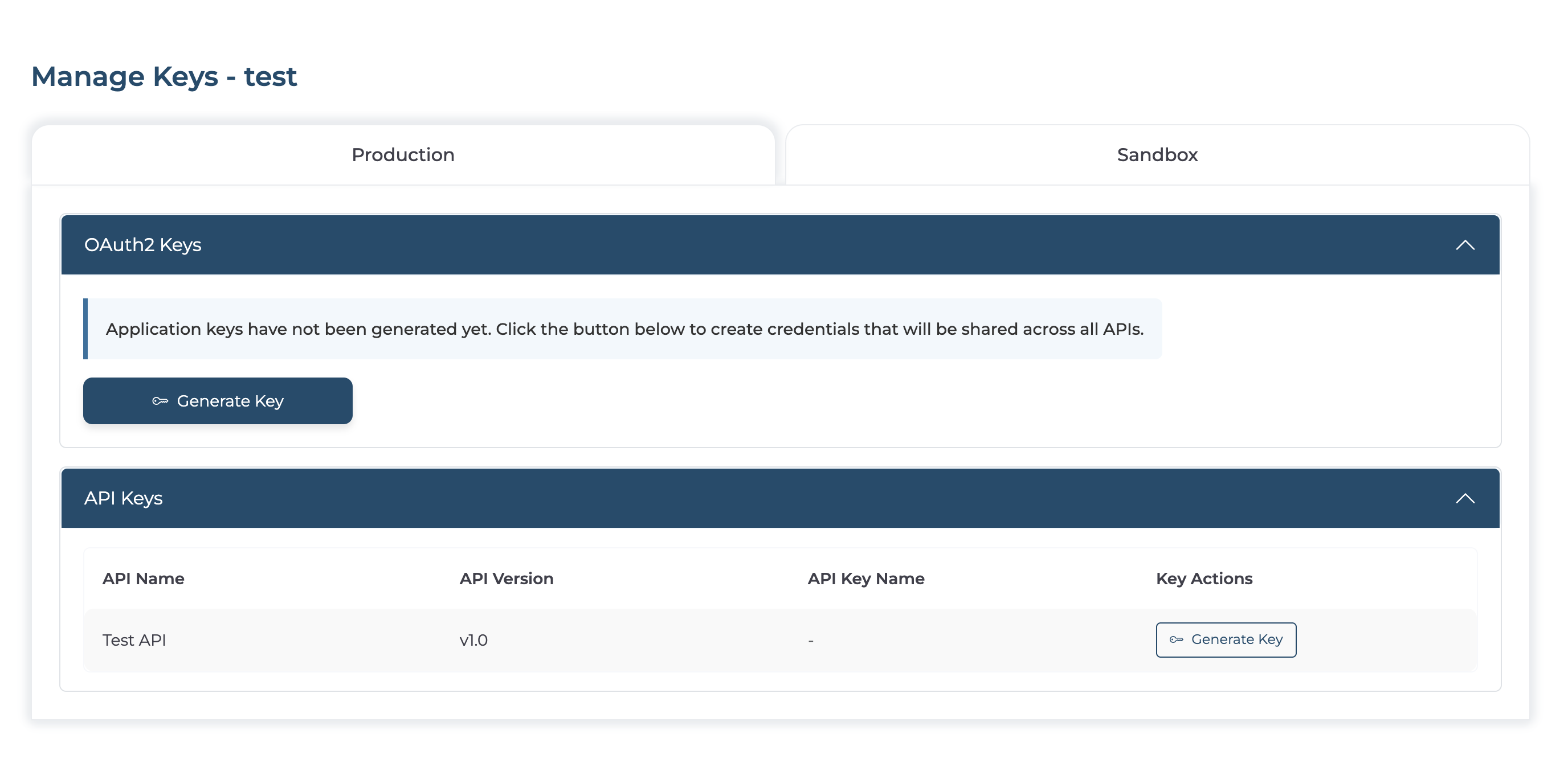 API Keys section in Manage Keys page