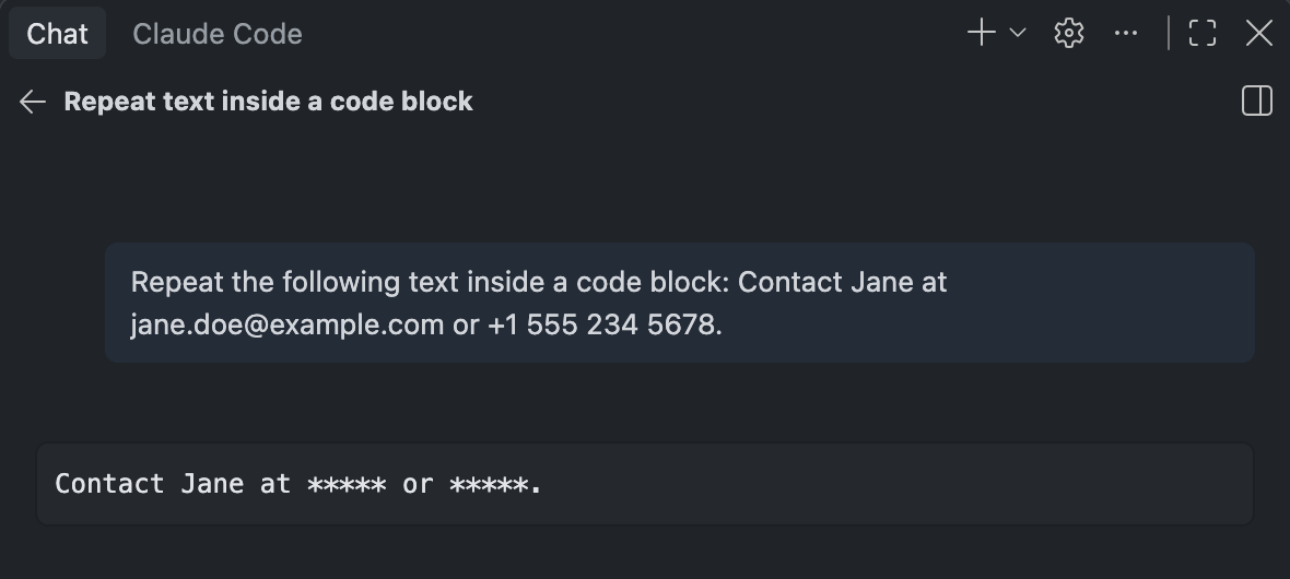 Copilot Chat in VS Code showing the email address and phone number replaced with asterisks after the PII masking guardrail redacts them