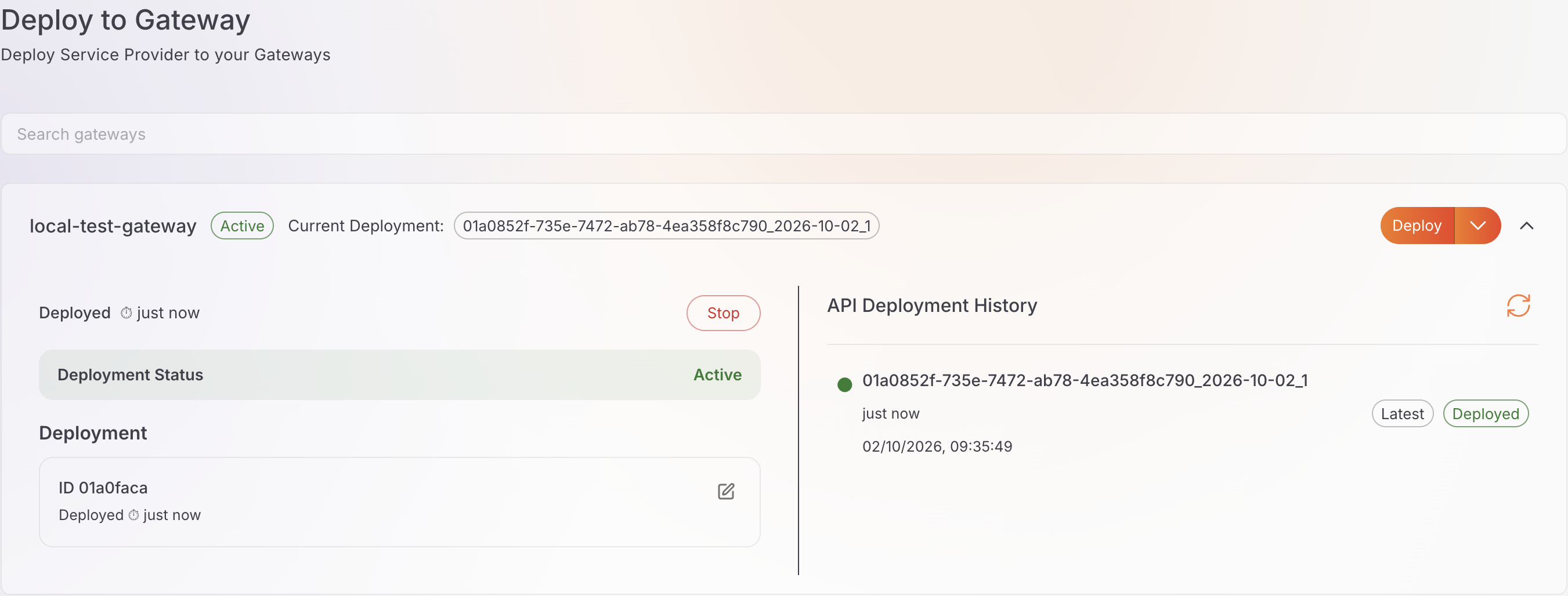 Deploy to Gateway page showing the OpenAI LLM provider deployed to the AI Gateway with Active deployment status