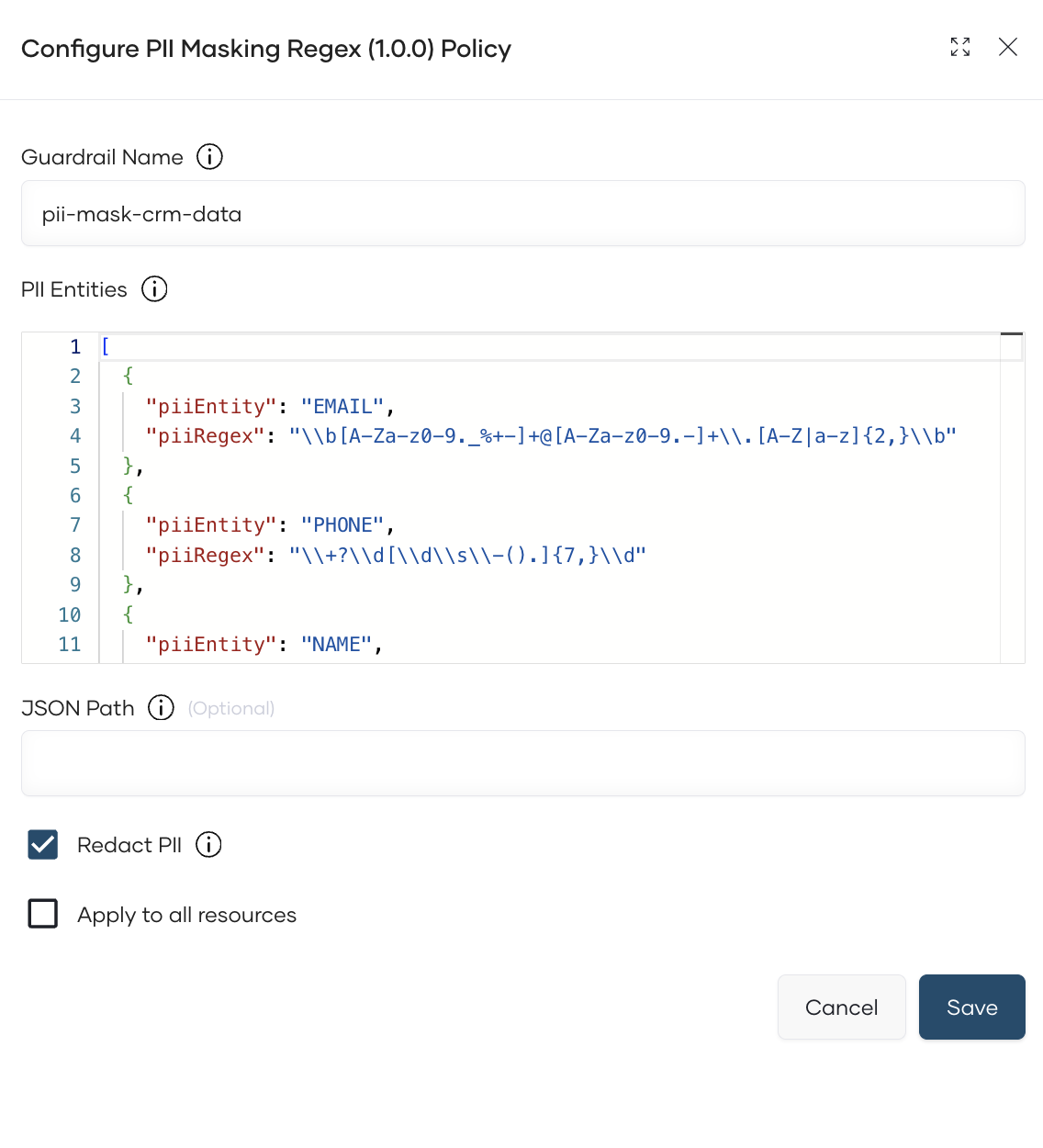 Configure PII masking regex policy