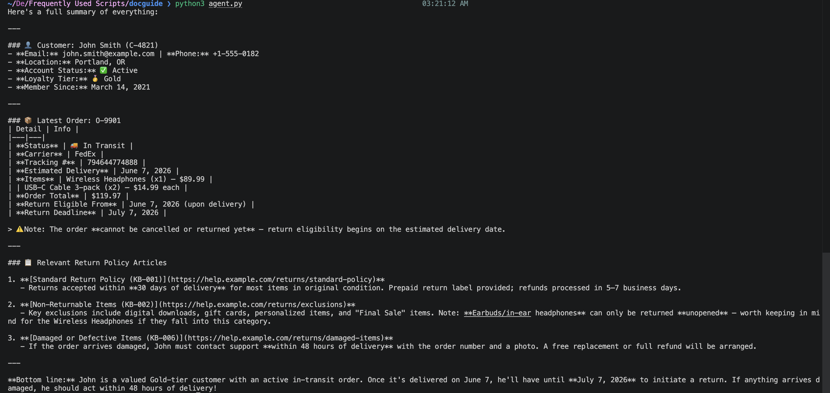 Terminal output for the agent.py