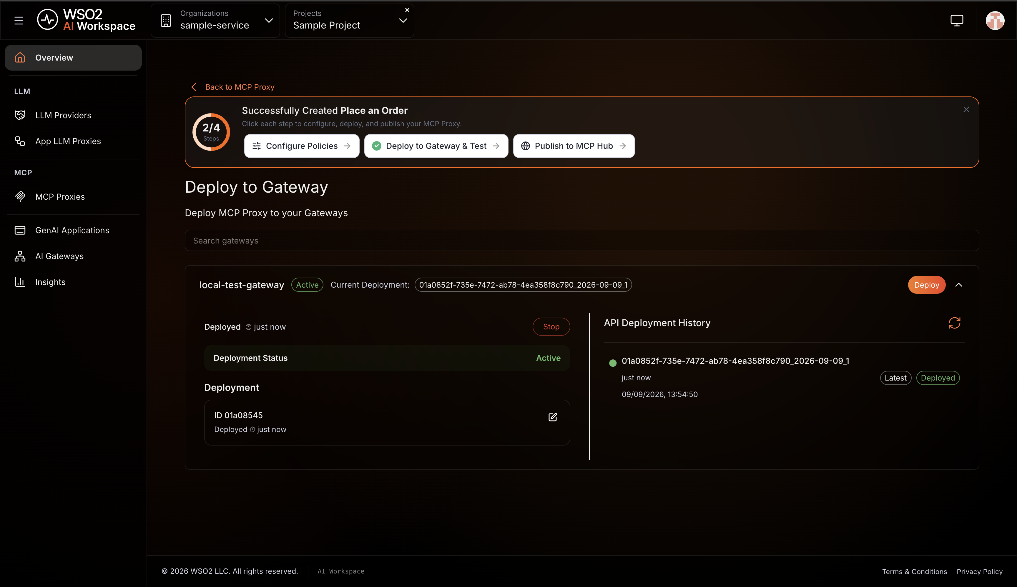 Deploy to Gateway page showing local-test-gateway with Deployment Status Active and an entry in the API Deployment History