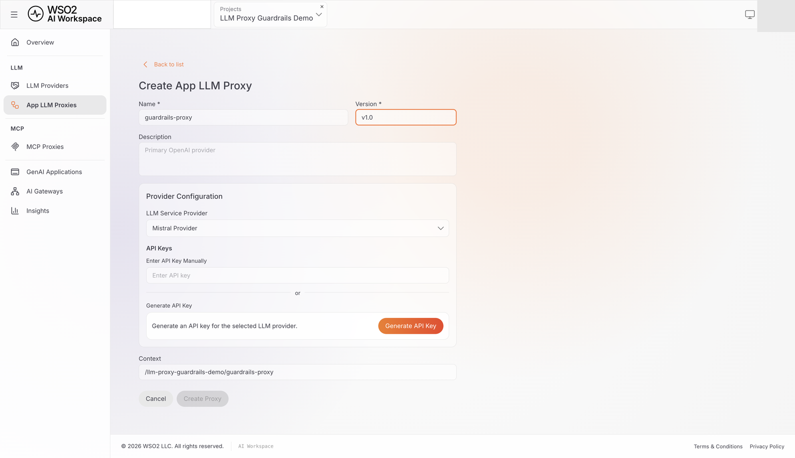 Create App LLM Proxy form filled in with the proxy name and the auto-generated Context field