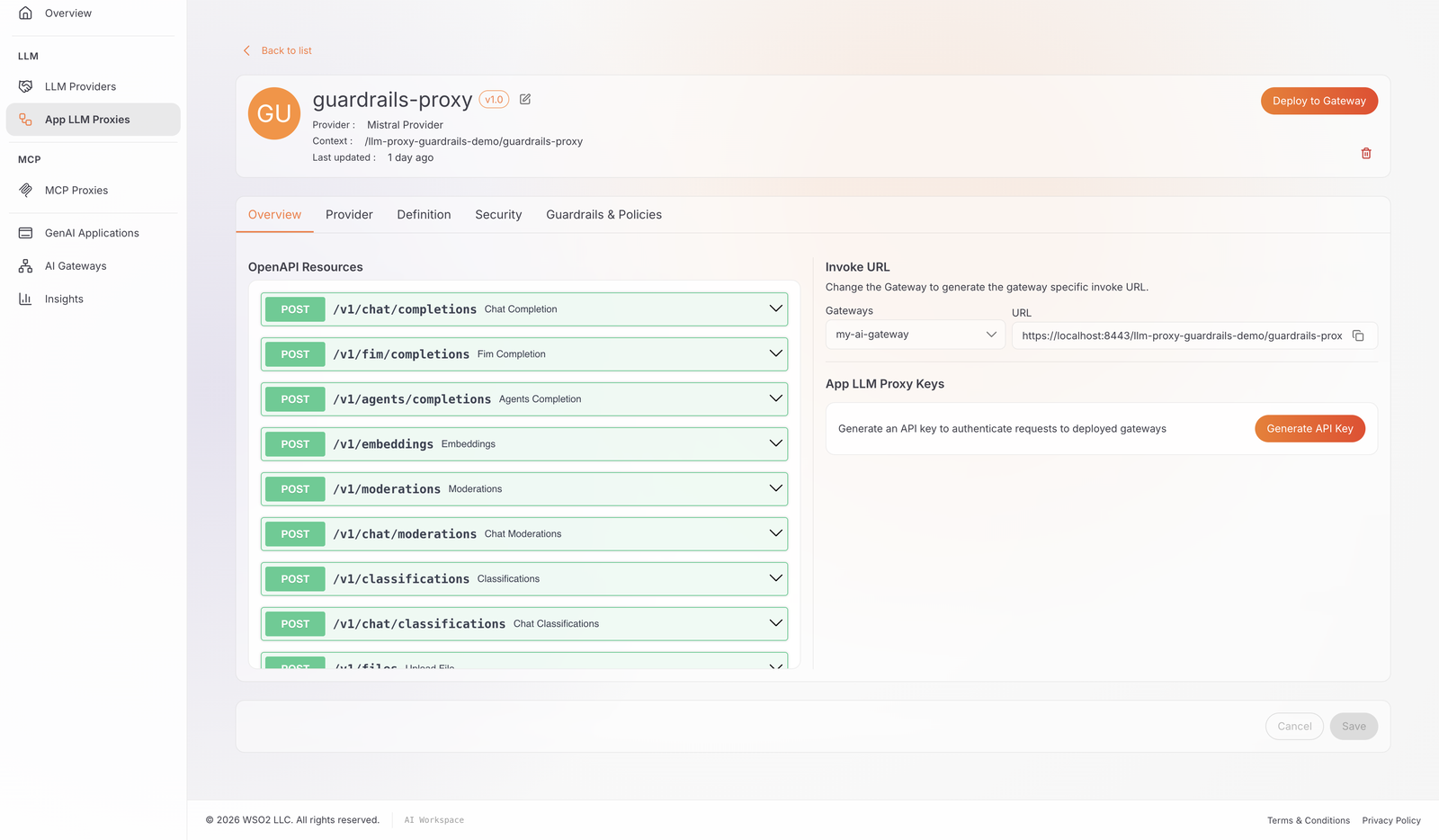 Overview tab showing the Invoke URL panel with the Gateways dropdown and URL field, and the App LLM Proxy Keys panel with the Generate API Key button