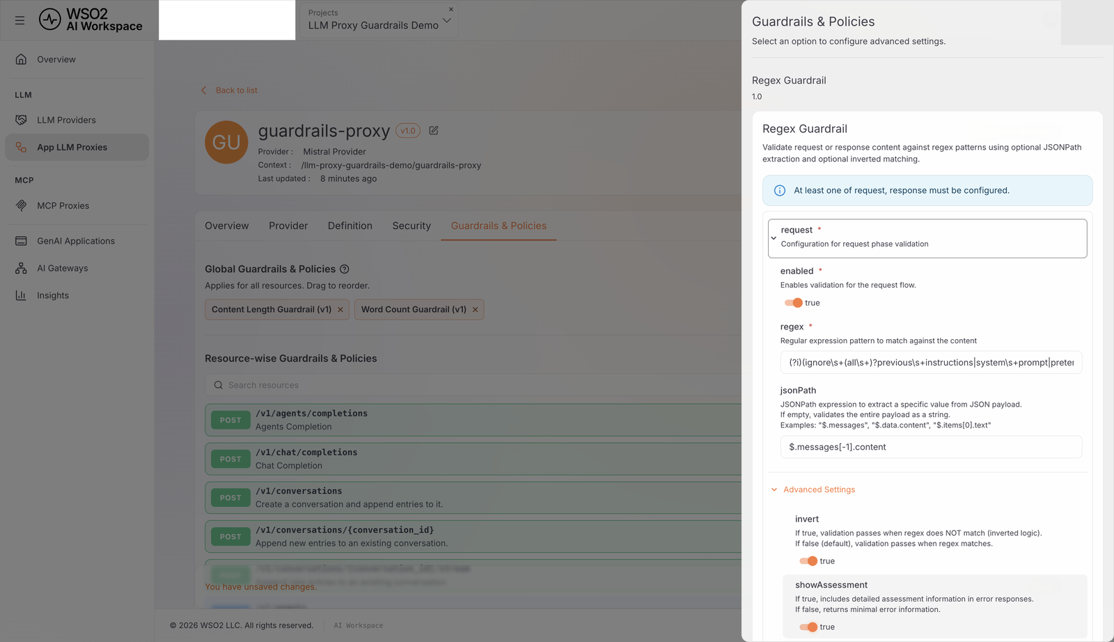 Regex Guardrail request configuration with the pattern, jsonPath, invert, and showAssessment fields filled in