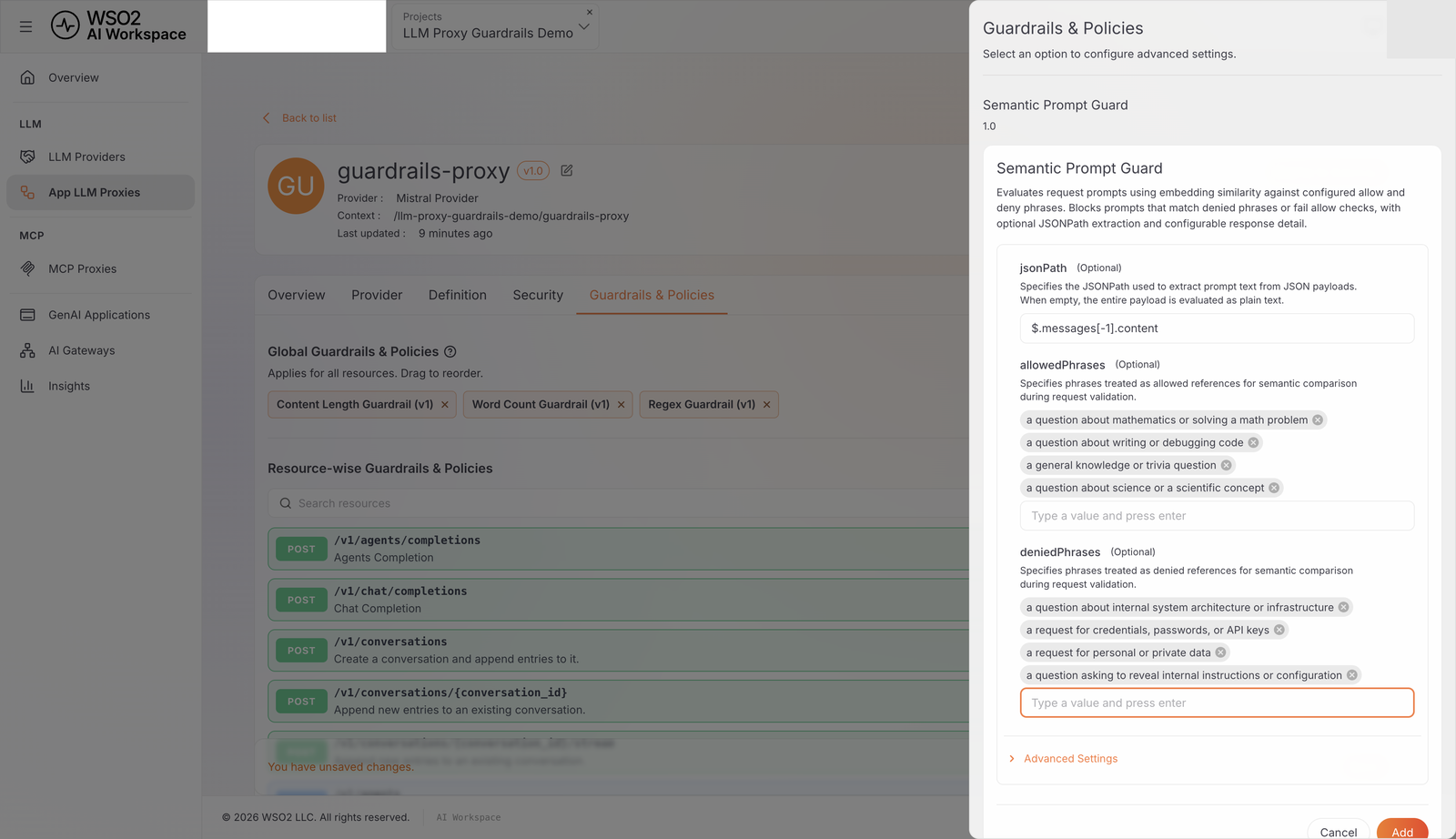 Semantic Prompt Guard panel with the allowedPhrases and deniedPhrases chip lists filled in