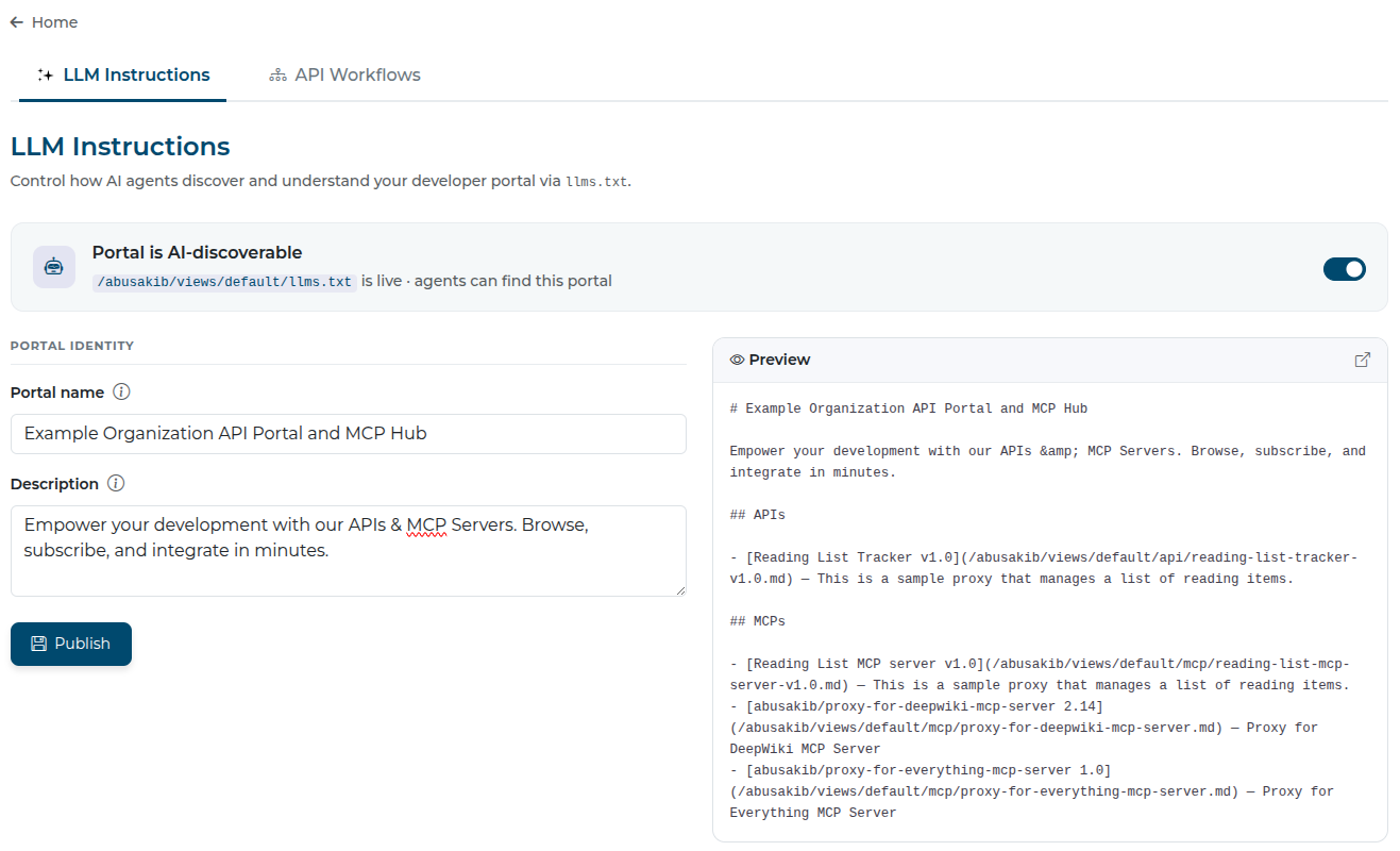 The llms.txt file of API Portal and MCP Hub for an organization