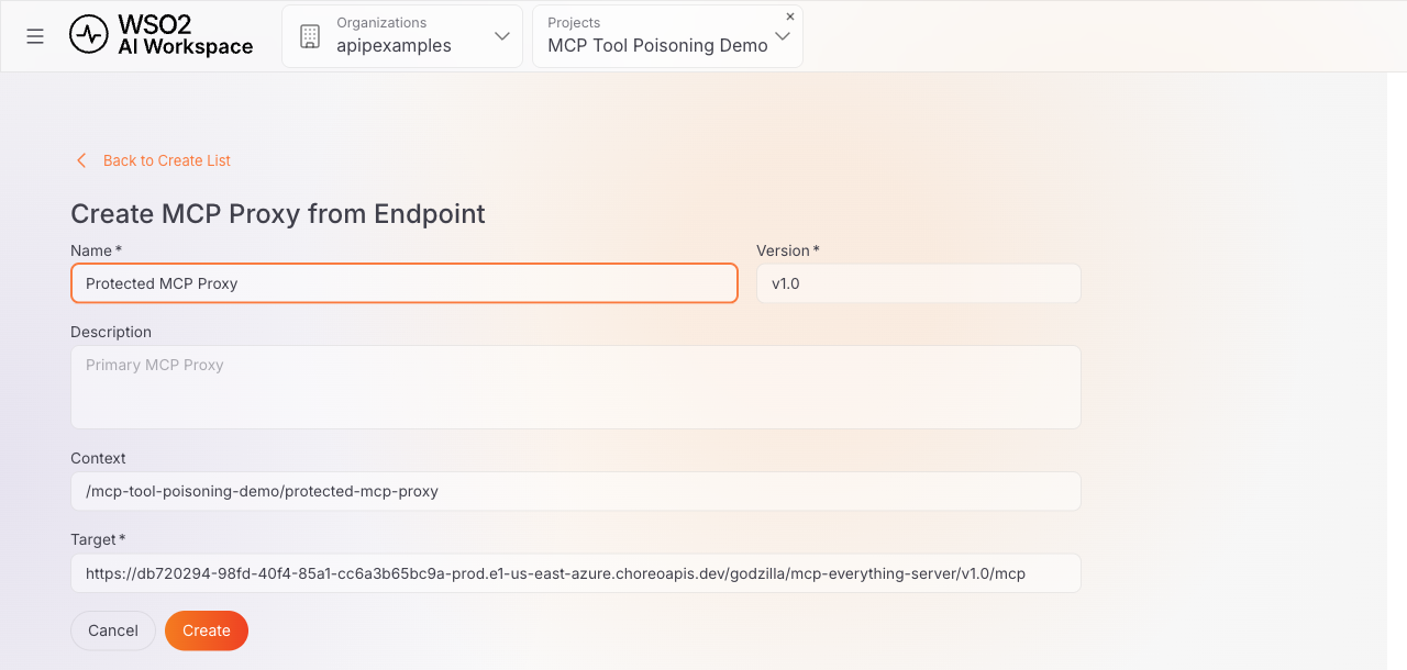 Create MCP Proxy from Endpoint form with Name, Version, Context, and Target fields filled in