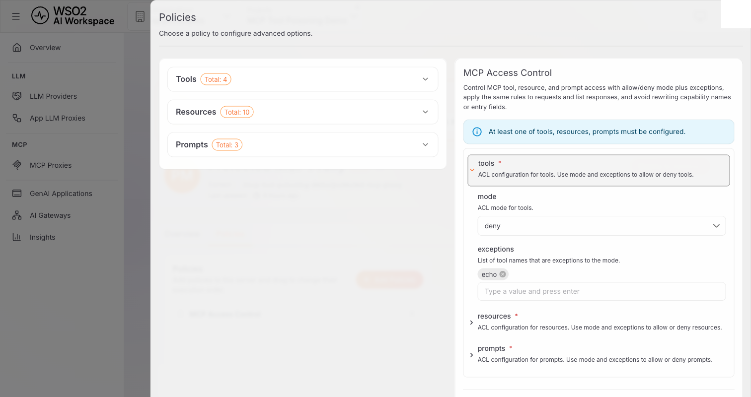 MCP Access Control policy panel with the tools section expanded, mode set to deny, and echo added as an exception tag